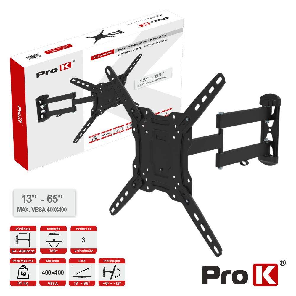 Suporte TV Articulado 3 pontos 13-65" 35kg Vesa 400x400 PROK - (PKFX0202)