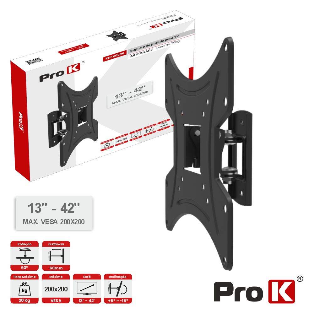 Suporte TV Articulado 13-42" 20kg Vesa 200x200 PROK - (PKFX0206)