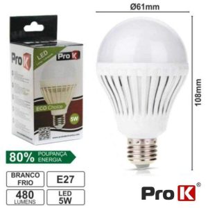Lâmpada E27 5W=25W 230V 18 LEDS Globo Branco Frio 480lm PROK - (LLE27G05CW(P))