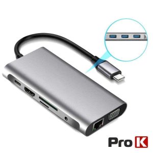 Hub USB-C P/ USB-C/ 3xUSB / VGA / HDMI / Audio/ RJ45/Cartões - (PK-USBC-10IN1)