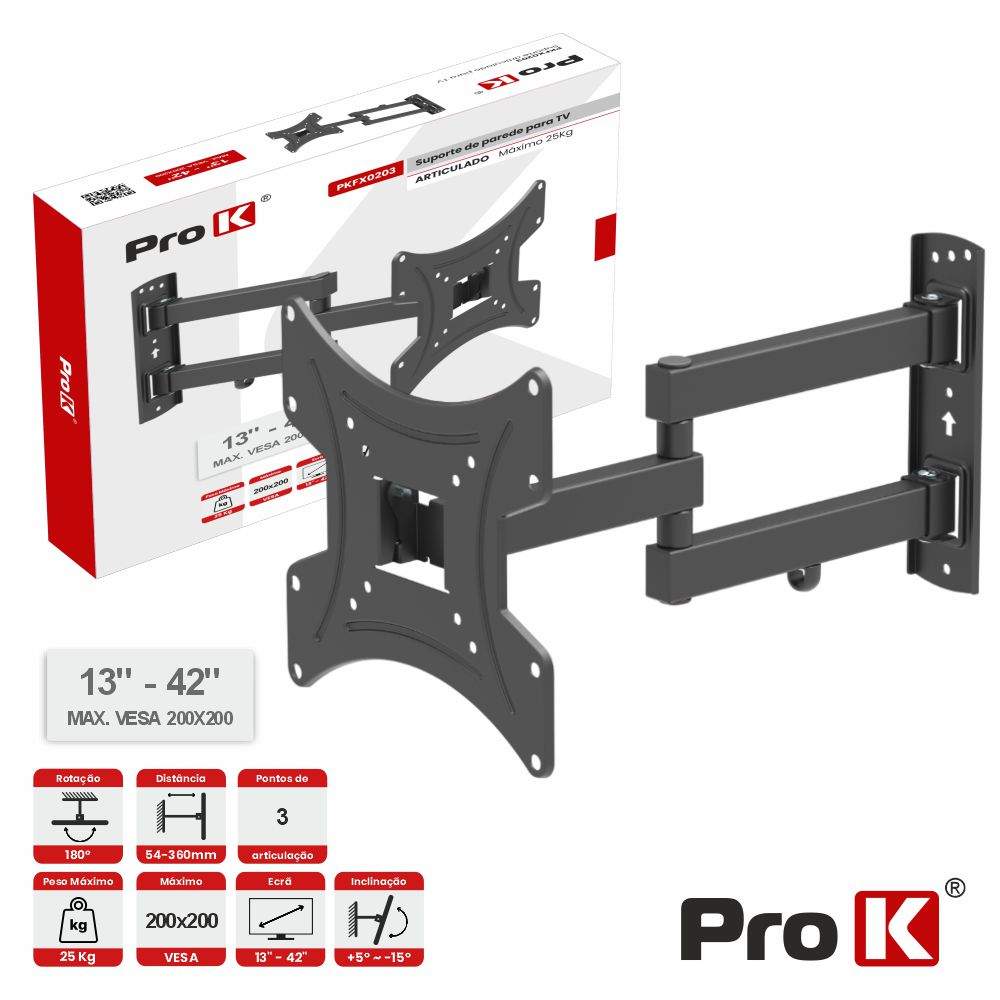Suporte TV Articulado 3 pontos 13-42" 25kg Vesa 200x200 PROK - (PKFX0203)
