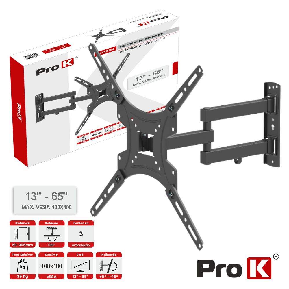 Suporte TV Articulado 3 pontos 13-65" 35kg Vesa 400x400 PROK - (PKFX0204)