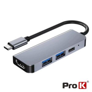 Hub USB-C 4 em 1 P/ HDMI/USB 2.0/USB 3.0/USB-C PD PROK - (PK-USBC-4IN1)