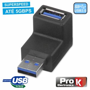 Ficha Adaptadora USB-A 3.0 Macho / Fêmea 90º PROK - (ADPUSB3/90)