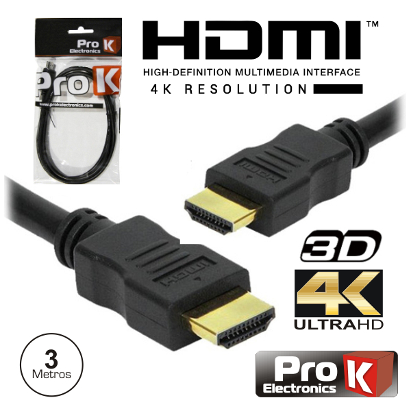 Cabo HDMI Dourado Macho / Macho 2.0 4K Preto 3m PROK - (CHDMI3U)
