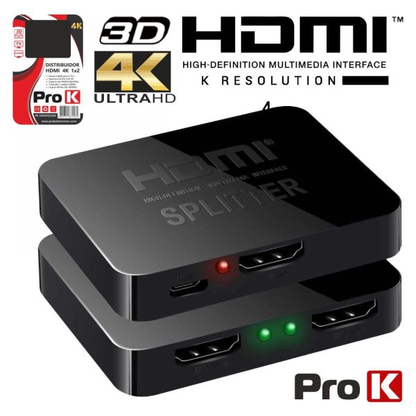 Distribuidor HDMI 1 Entrada 2 Saídas 4K PROK - (PK-HDMI1E2S4K)