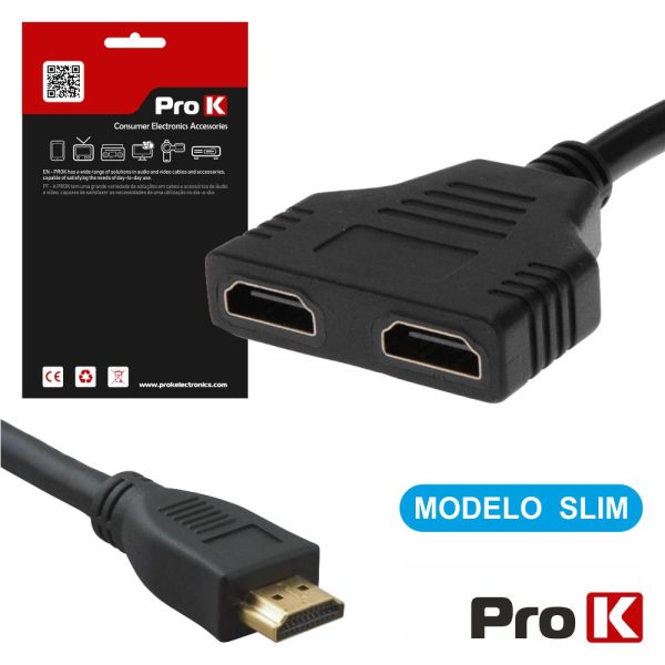 Cabo Adaptador HDMI 1 Entrada 2 Saídas Slim  PROK - (PK-HDMI2S)