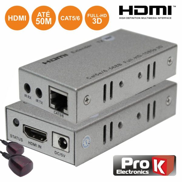 Extensor de Sinal HDMI Via RJ45 CAT5/6 50m C/ Ir PROK - (PK-HDMIRJ45EXTIR03)