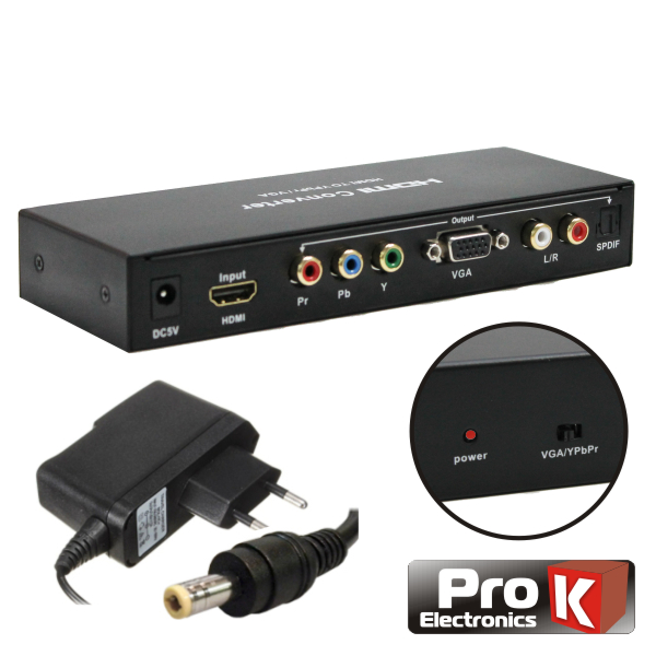 Conversor HDMI P/ VGA E YPbPr C/ Saída RCA E SPDIF PROK - (PK-HDMIVGARGB)