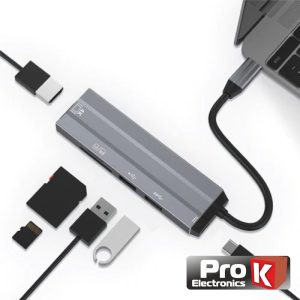 Hub USB-C P/ USB-C / 2xUSB / HDMI / Cartões SD PROK - (PK-USBC-6IN1)