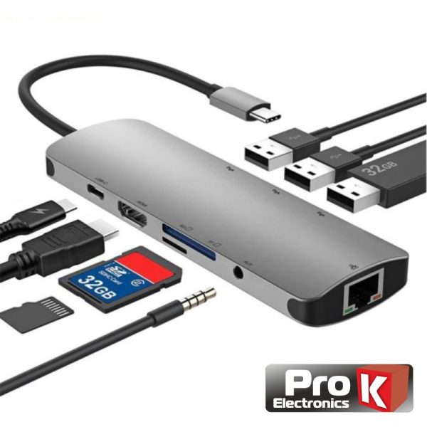 Hub USB-C P/ USB-C/ 3xUSB 3.0/ HDMI/Audio/ RJ45/Cartões SD - (PK-USBC-9IN1)