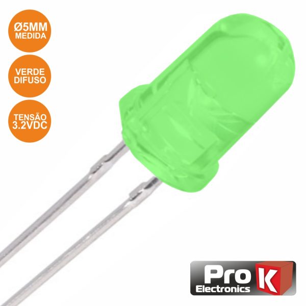 LED 5mm Alto Brilho Verde Difuso PROK - (PKLD05G-D)